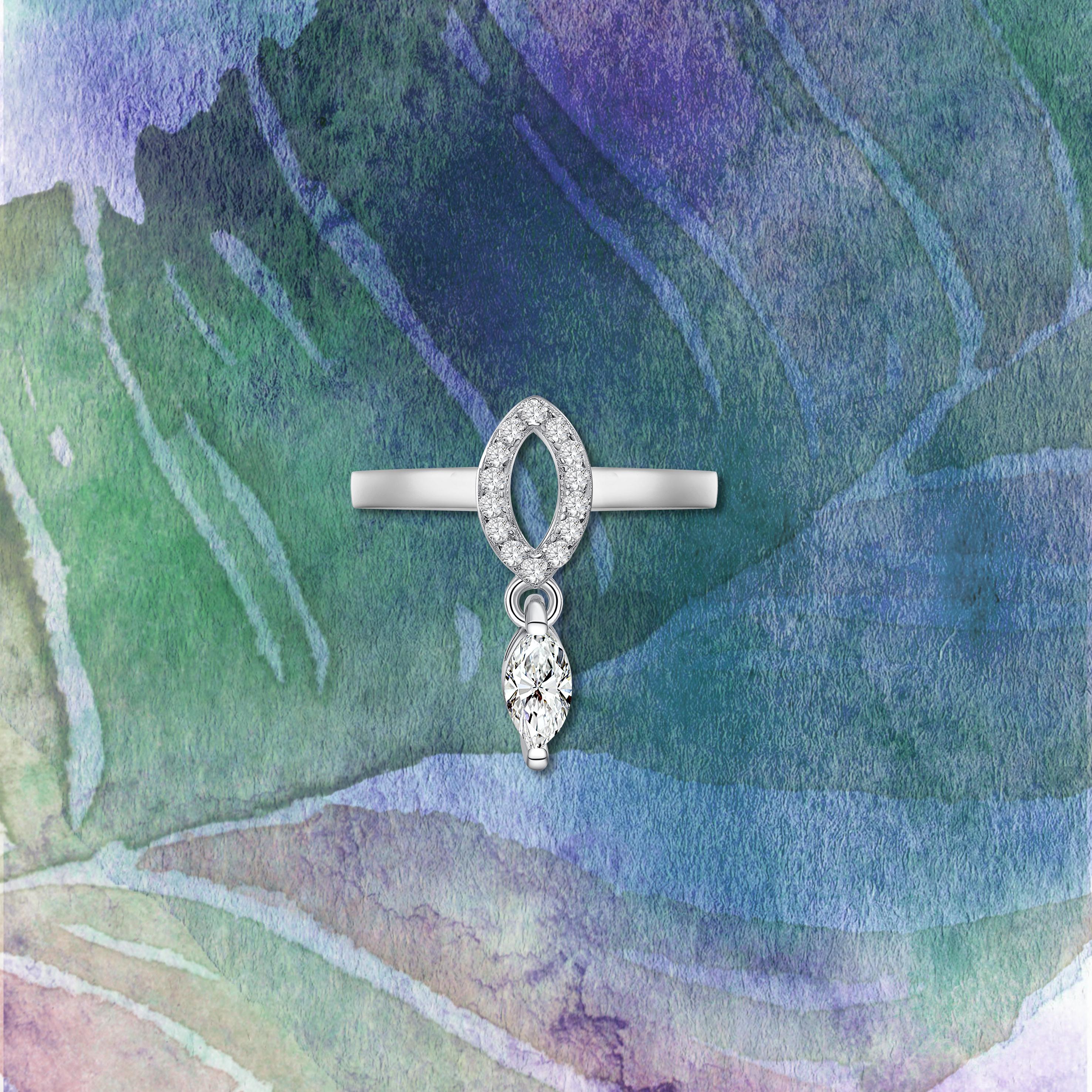 Marquise Cut 18 Karat Rose Gold Diamond Single Leaf Ring For Sale