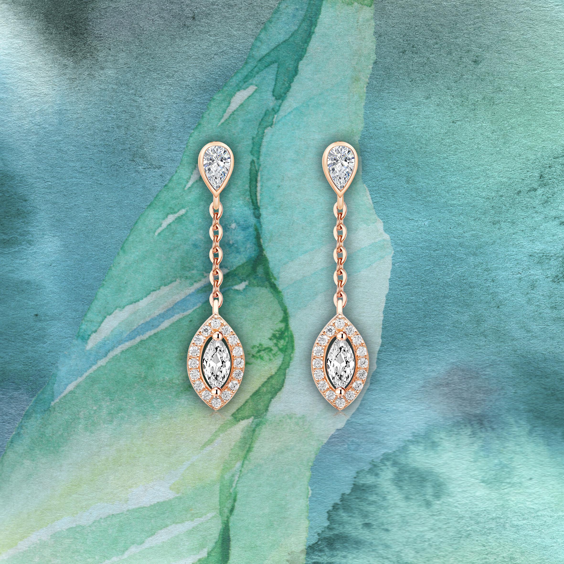 18 Karat Rose Gold Diamond Small Leaf Drop Earrings For Sale 1