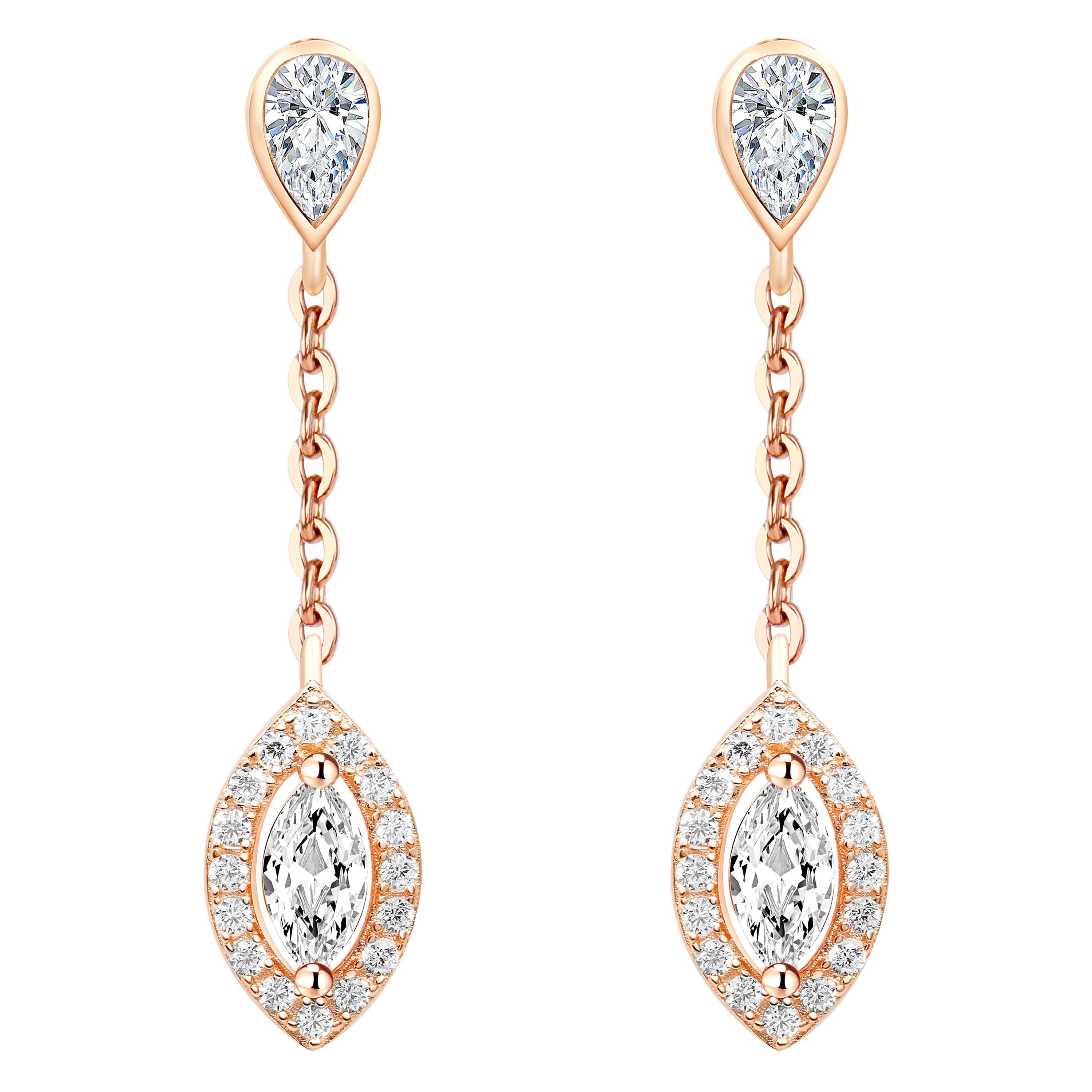 Boucles d'oreilles en goutte en or rose 18 carats et diamants en forme de petite feuille