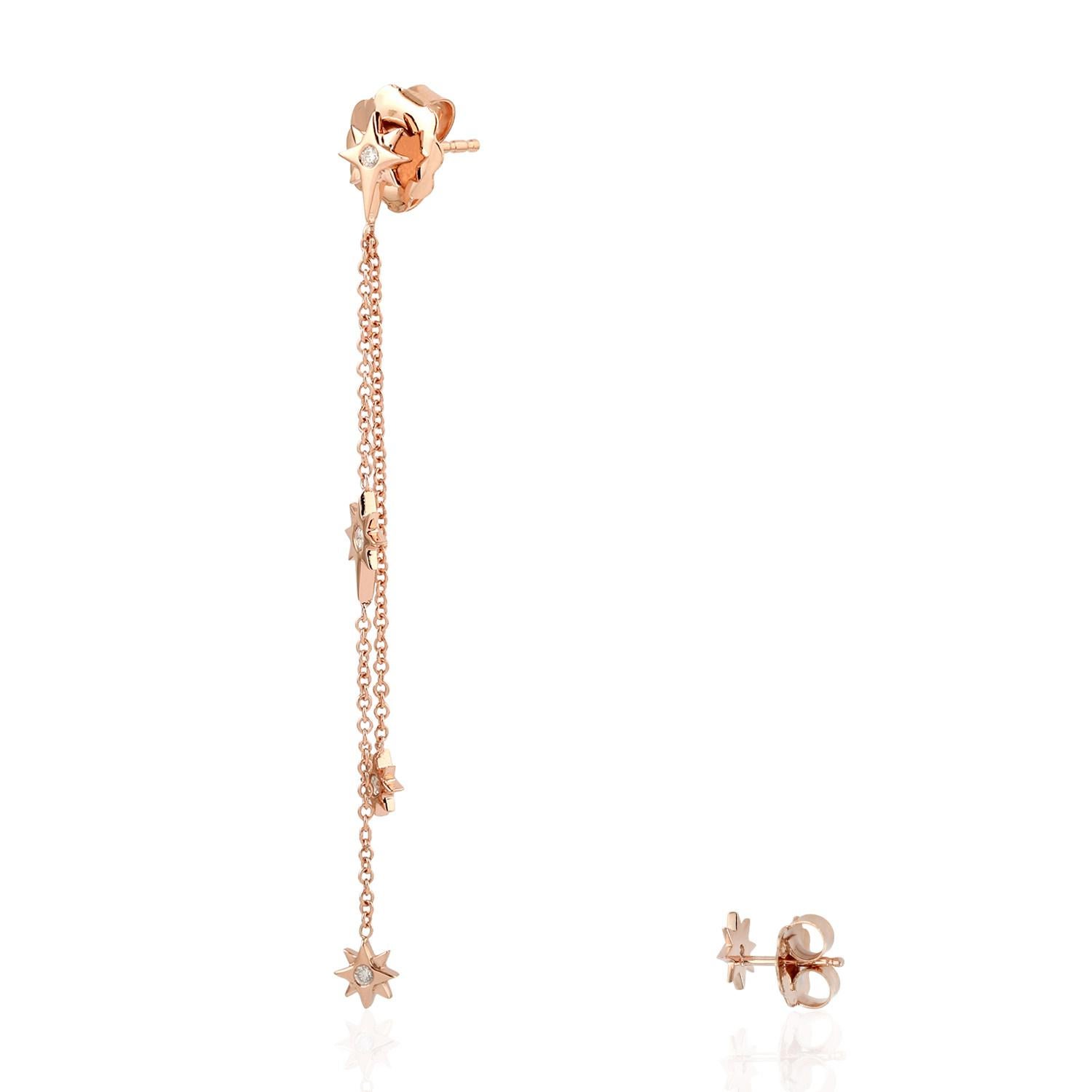 Mixed Cut 18 Karat Rose Gold Diamond Star Chain Drop Earrings For Sale