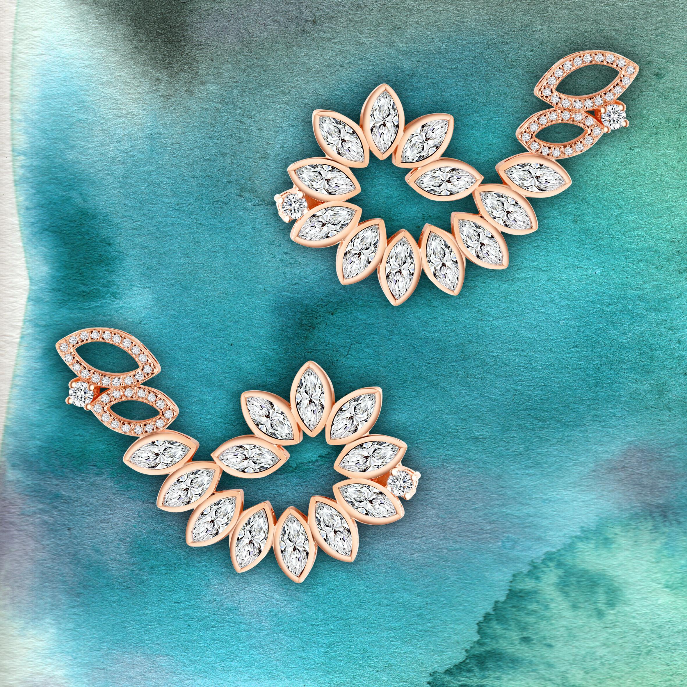 Women's or Men's 18 Karat Rose Gold Diamond Swirl Earrings For Sale