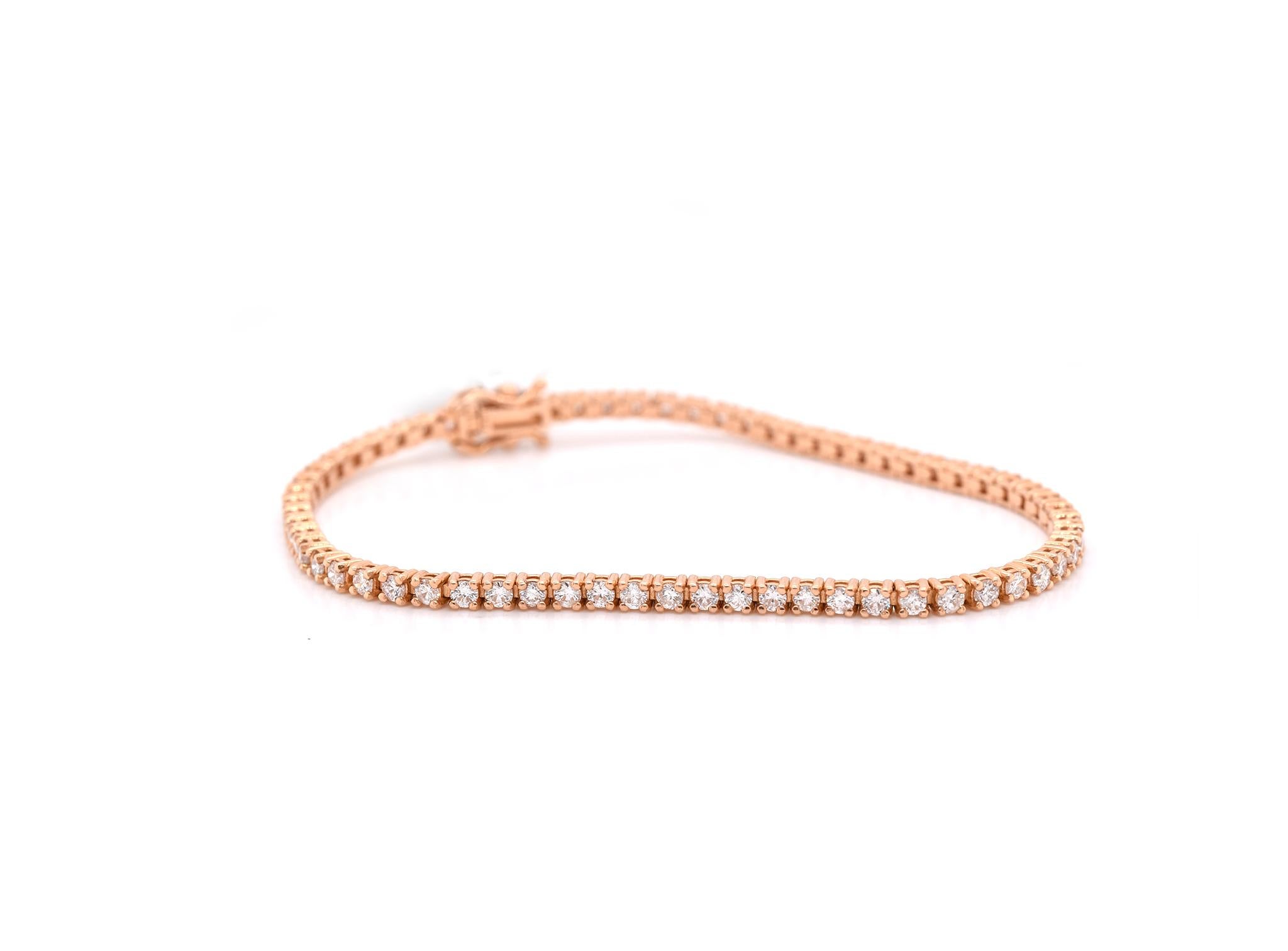 Material: 18k rose gold
Diamonds: 65 round brilliant cuts = 2.65cttw
Color: G
Clarity: VS1-2
Dimensions: bracelet measures 7-inches in length
Weight: 9.58 grams
