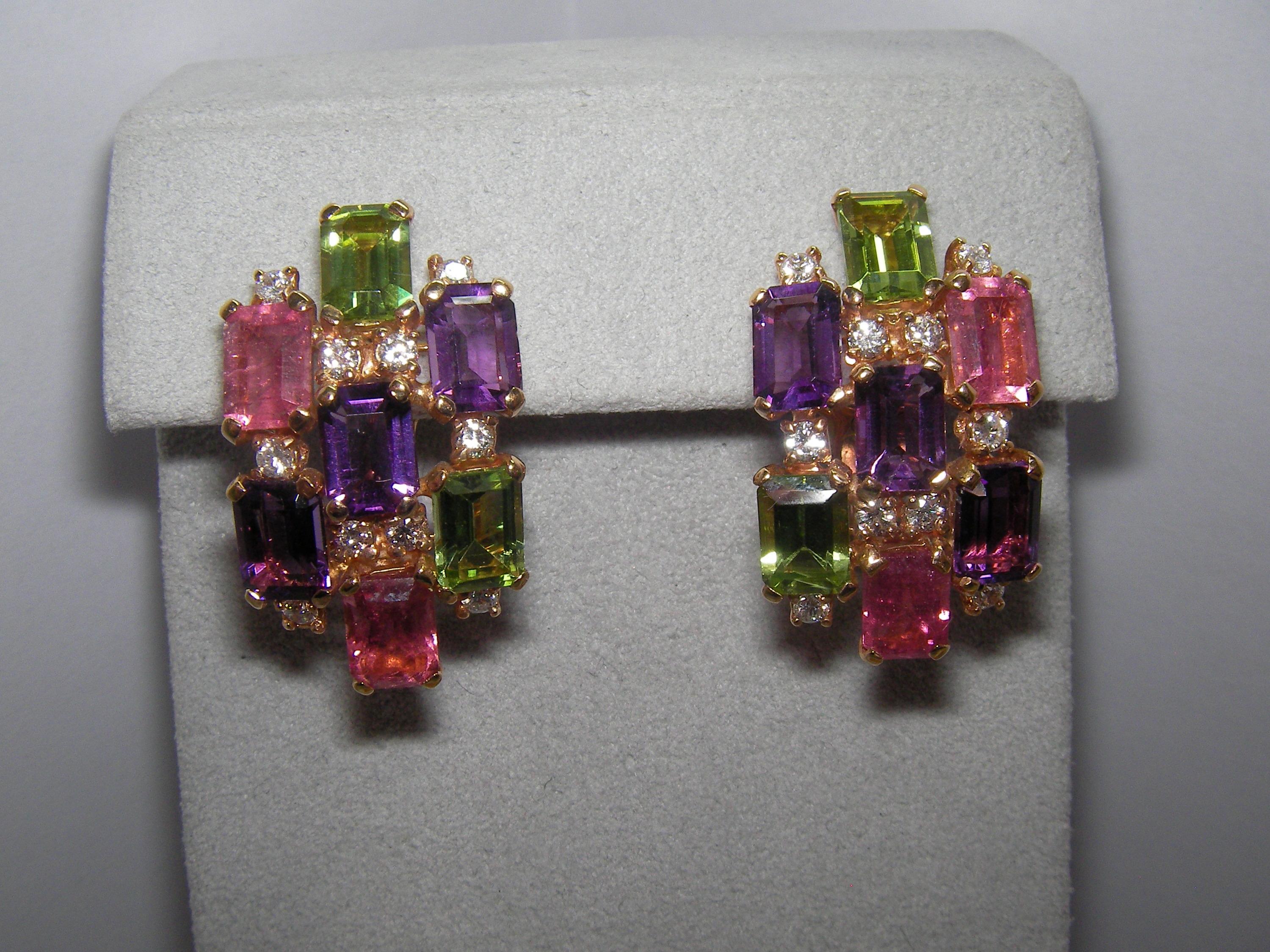 These 18 Karat Rose Gold Cluster Earrings are truly exuberant. Diamonds accenting the beautiful array of of colorful Tourmaline, Amethyst and Peridot. A perfect compliment to our 18 Karat Rose Gold Diamond Tourmaline Amethyst and Peridot Cocktail