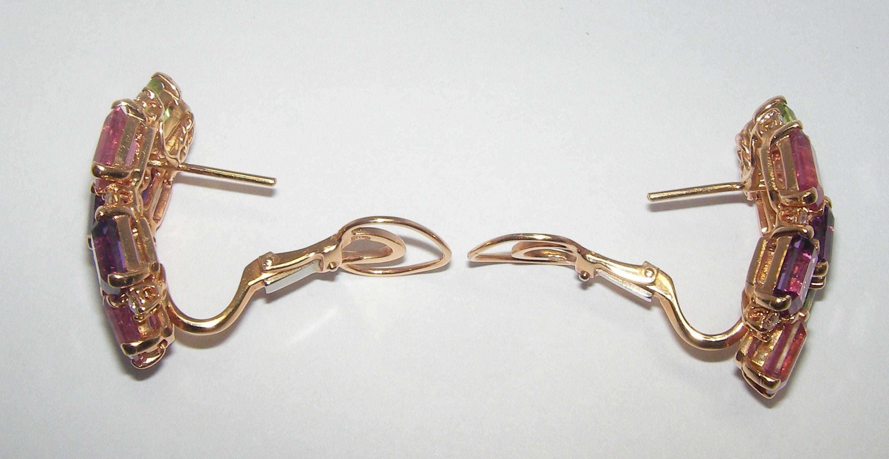 18 Karat Rose Gold Diamond Tourmaline Amethyst and Peridot Cluster Earrings In New Condition In Duesseldorf, DE