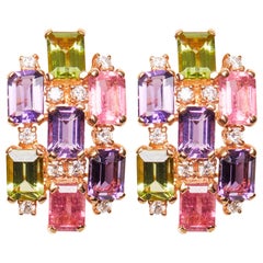 18 Karat Rose Gold Diamond Tourmaline Amethyst and Peridot Cluster Earrings