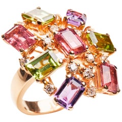 18 Karat Rose Gold Diamond Tourmaline Amethyst and Peridot Cluster Ring