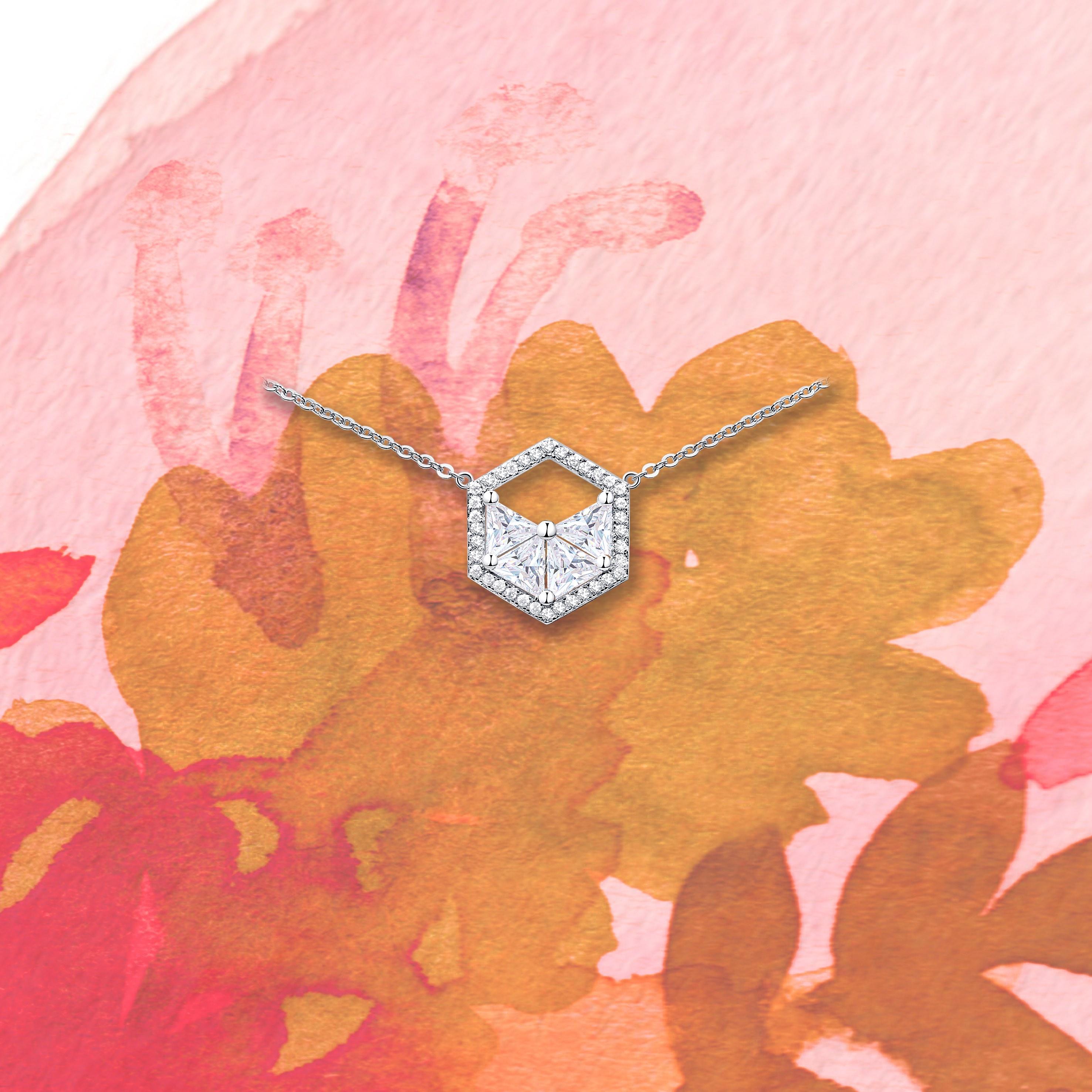 Contemporary 18 Karat Rose Gold Diamond Triangle Halo Necklace For Sale