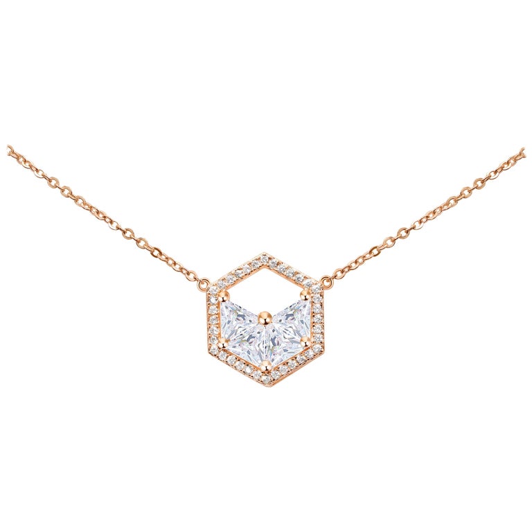 18 Karat Rose Gold Diamond Triangle Halo Necklace For Sale at 1stDibs
