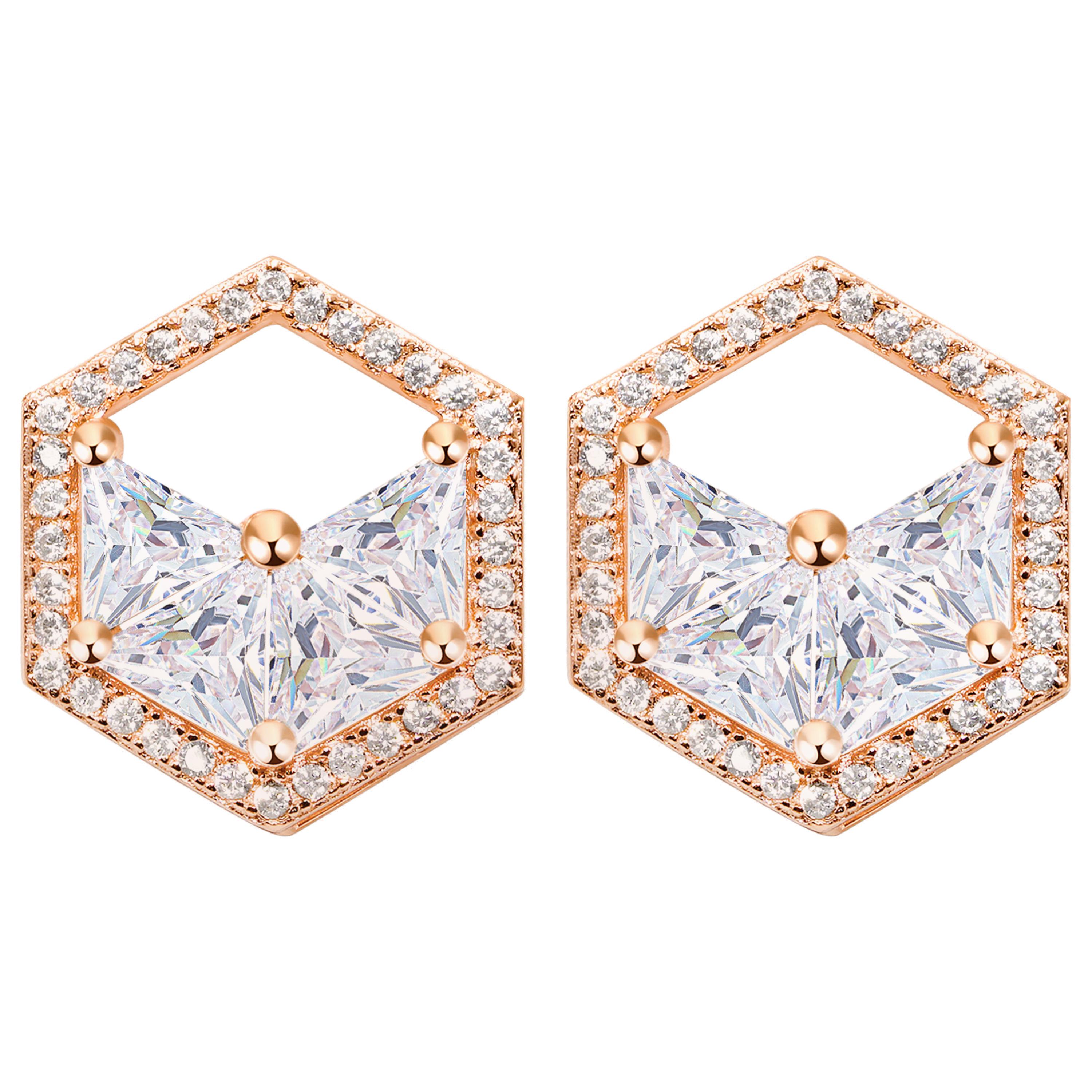 18 Karat Rose Gold Diamond Triangle Halo Stud Earrings For Sale