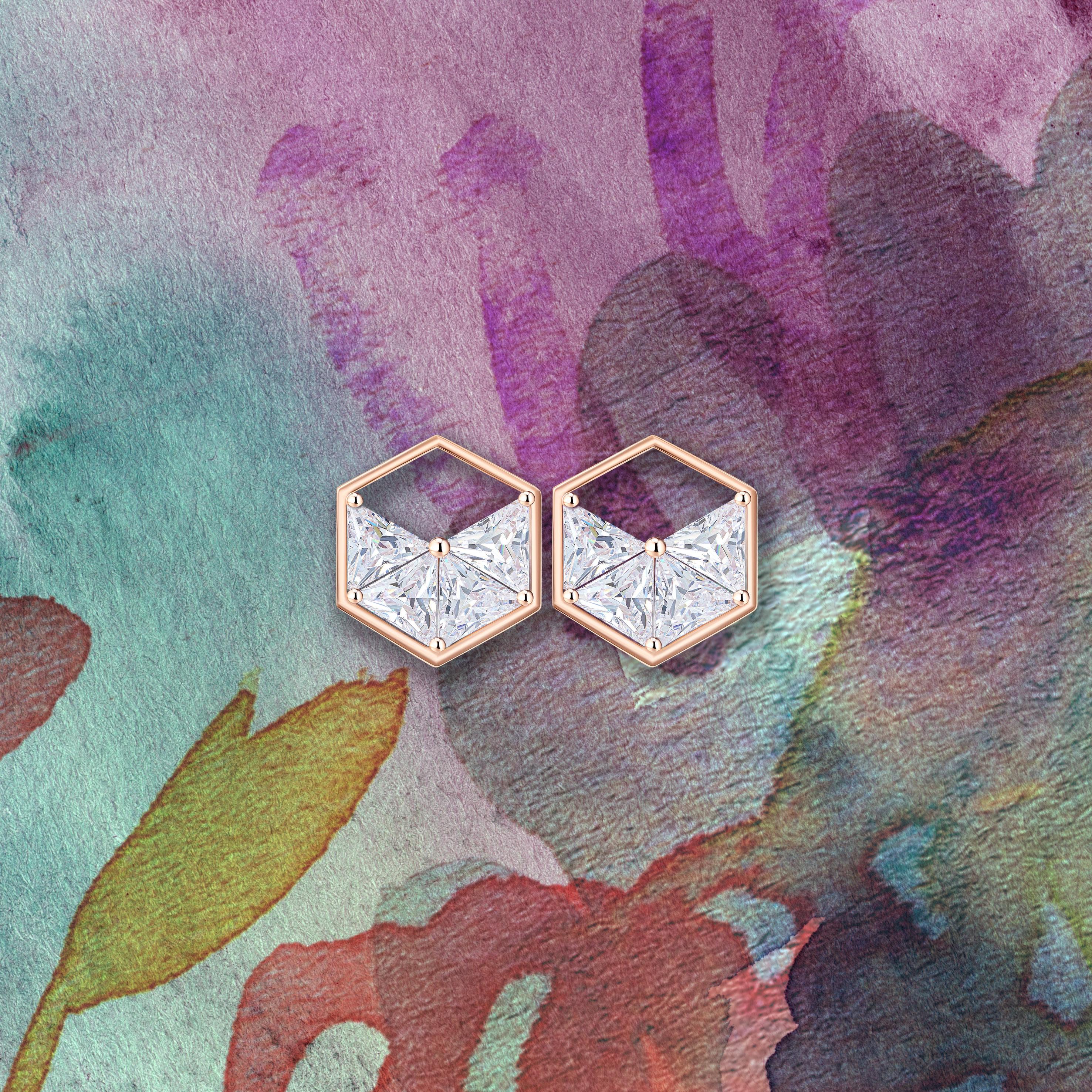 Trillion Cut 18 Karat Rose Gold Diamond Triangle Stud Earrings For Sale