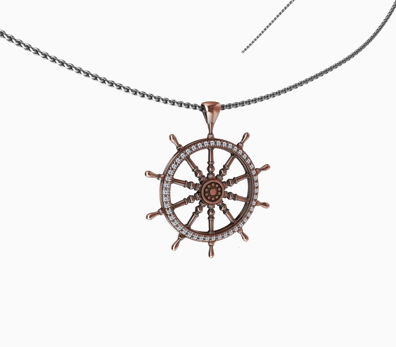 Round Cut 18 Karat Rose Gold Diamond Women's Captain Sailors Wheel Pendant For Sale