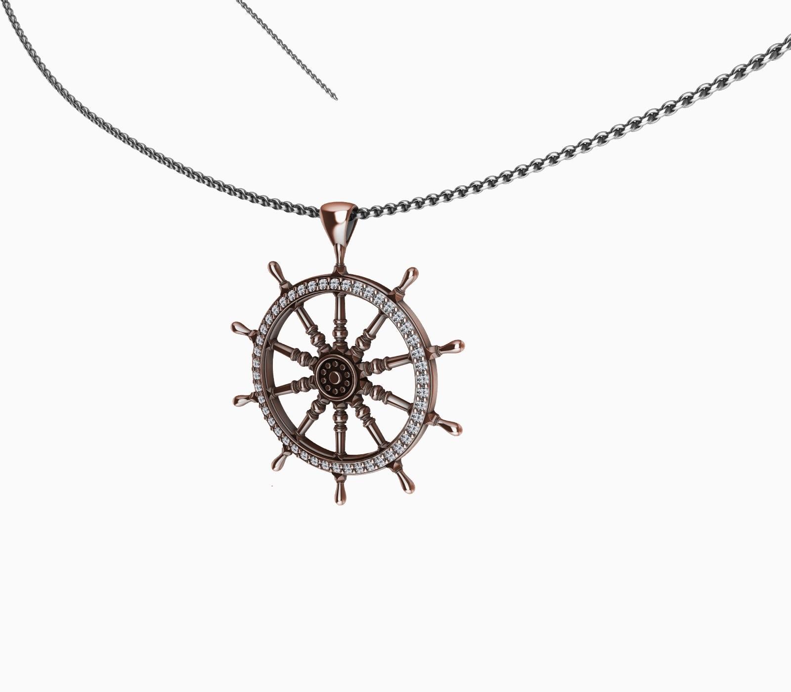 18 Karat Rose Gold Diamond Women's Captain Sailors Wheel Pendant In New Condition For Sale In New York, NY