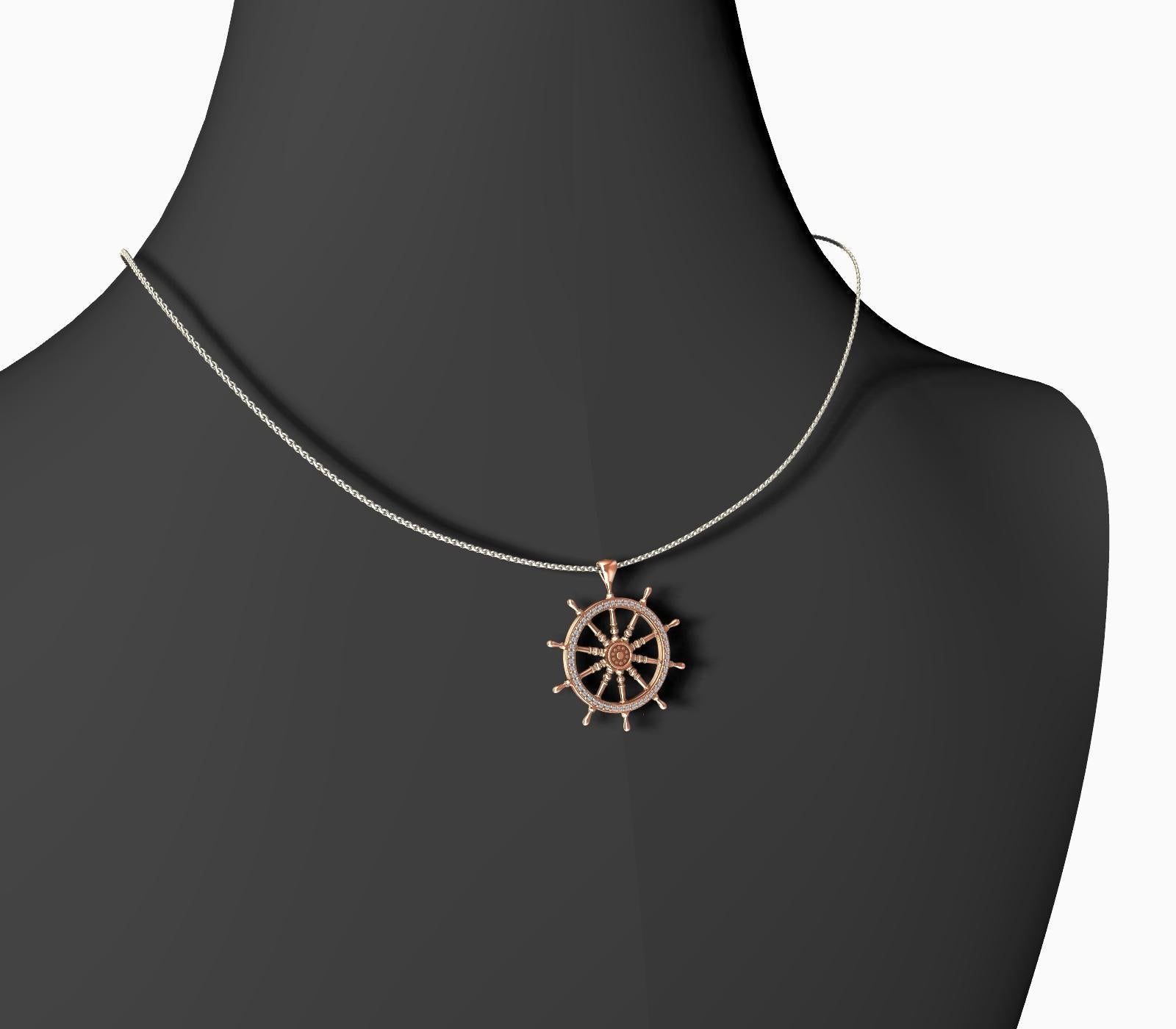 18 Karat Rose Gold Diamond Women's Captain Sailors Wheel Pendant For Sale 2
