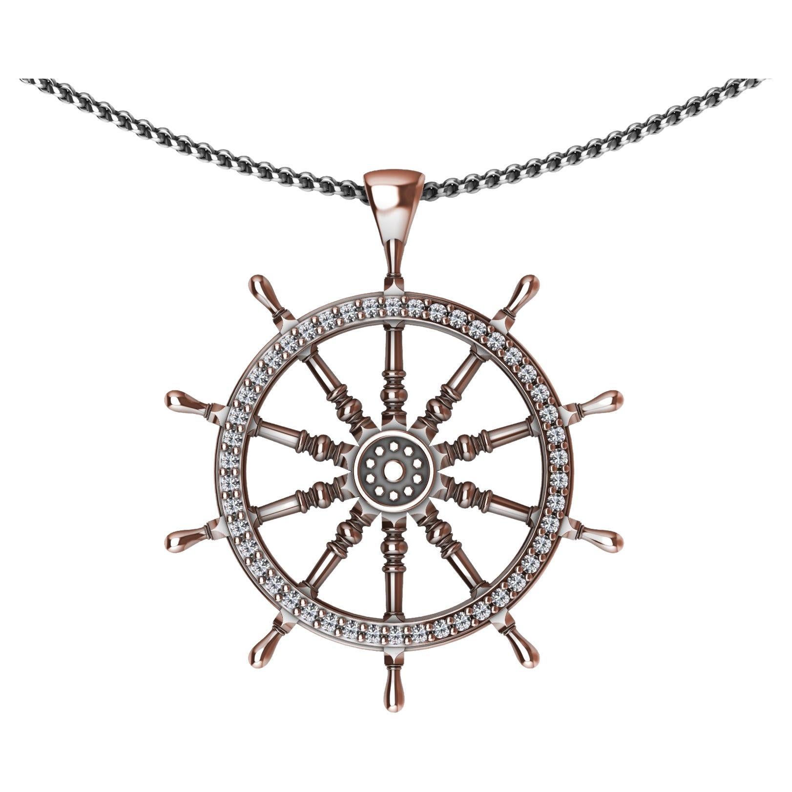 18 Karat Rose Gold  Diamond Captain Sailors  Wheel Pendant, For you water and wind lovers. Tiffany Designer , Thomas Kurilla has not forgotten you mates. Inspired from antique wooden ship wheels. 
46-G, SI 1  diamonds 18 inch cable chain,  Matte and