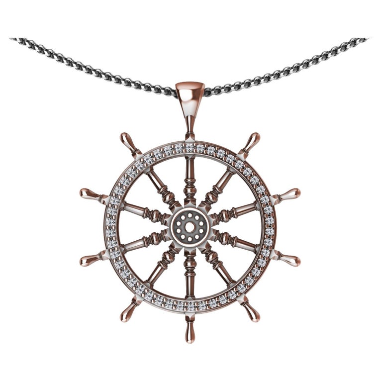 18 Karat Rose Gold Diamond Women’s Captain Sailors Wheel Pendant For
