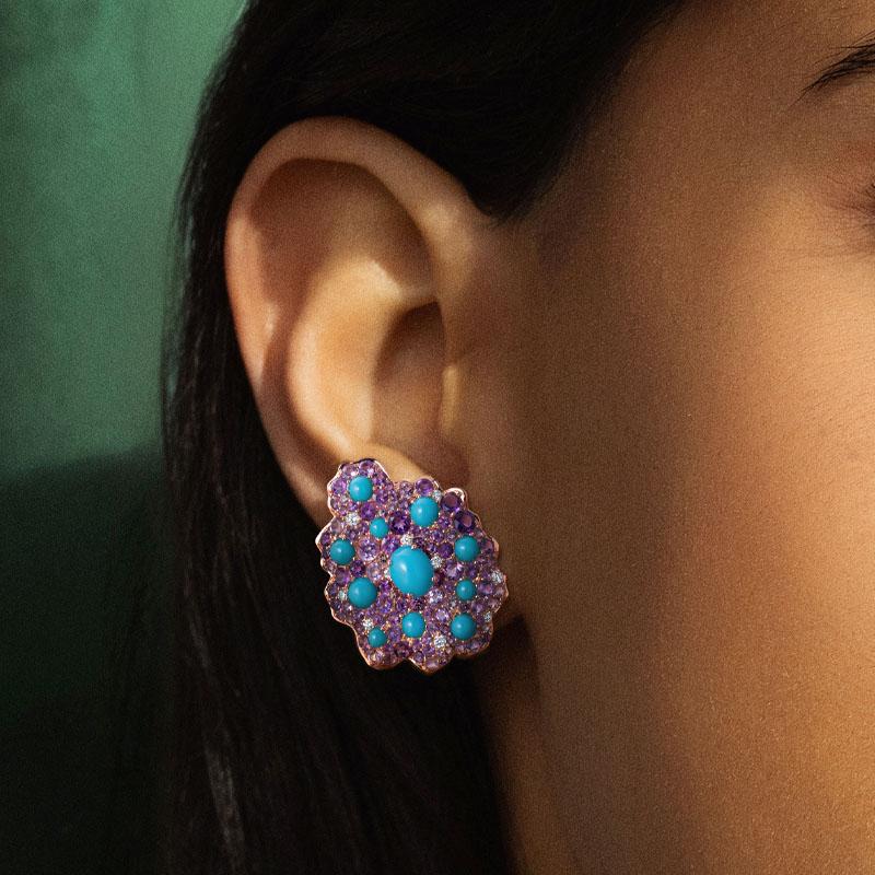 Contemporary 18 Karat Rose Gold, Diamonds, Amethyst and Turquoise Mini Earrings For Sale