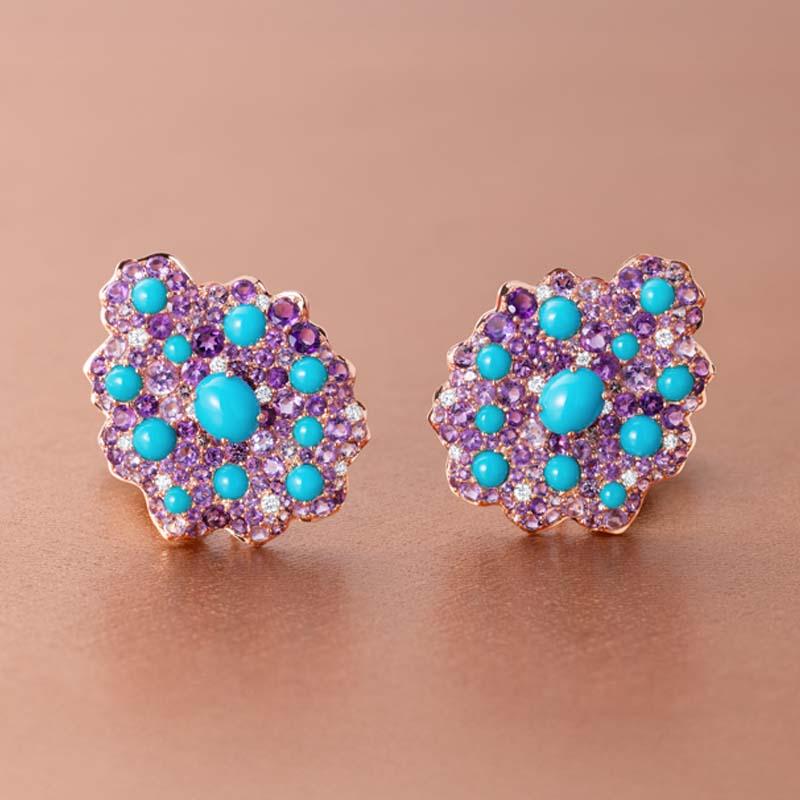 Round Cut 18 Karat Rose Gold, Diamonds, Amethyst and Turquoise Mini Earrings For Sale