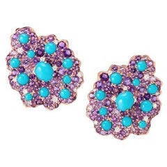 18 Karat Rose Gold, Diamonds, Amethyst and Turquoise Mini Earrings