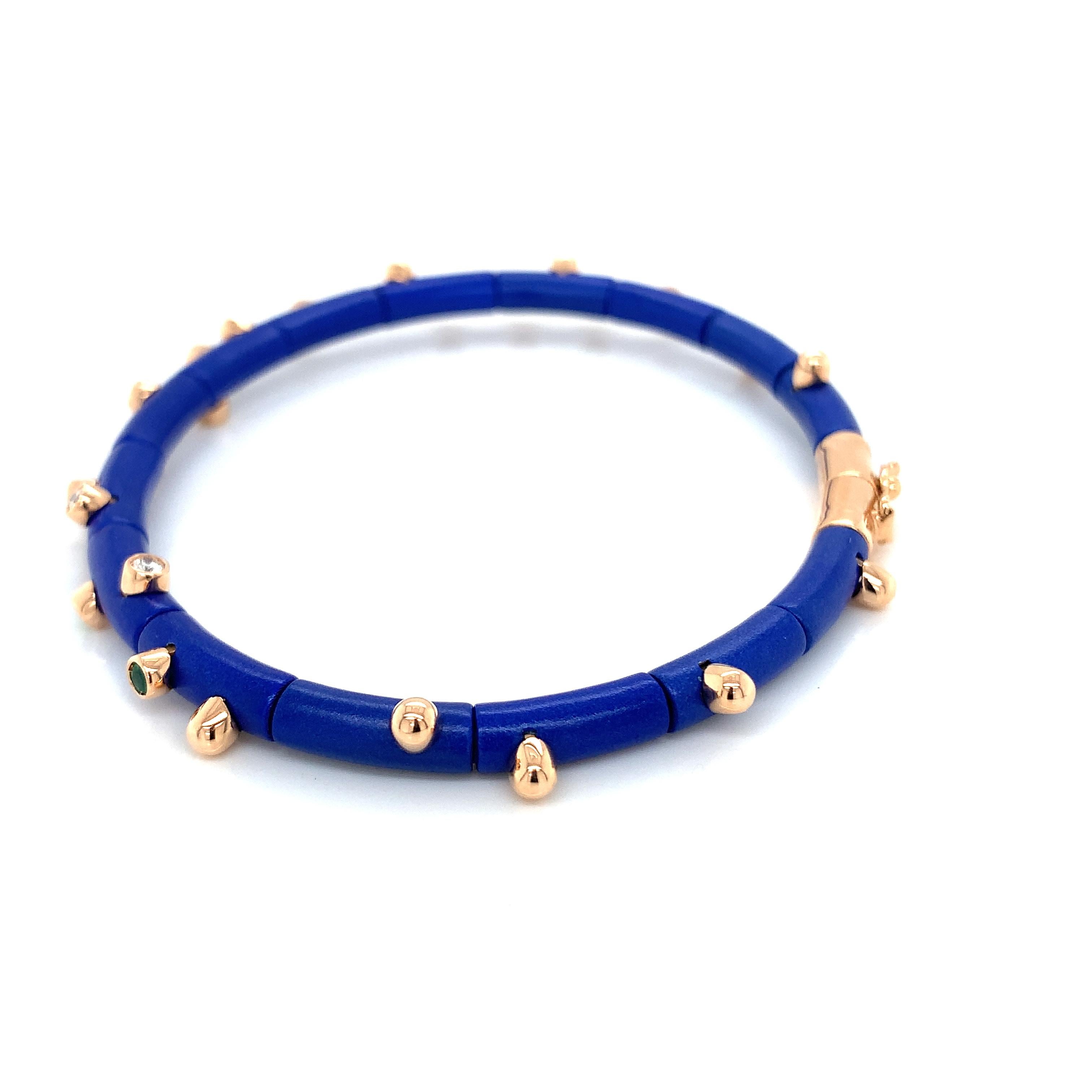 Women's or Men's 18 Karat Rose Gold Diamonds and Emeralds Blue Aluminium Bracelet