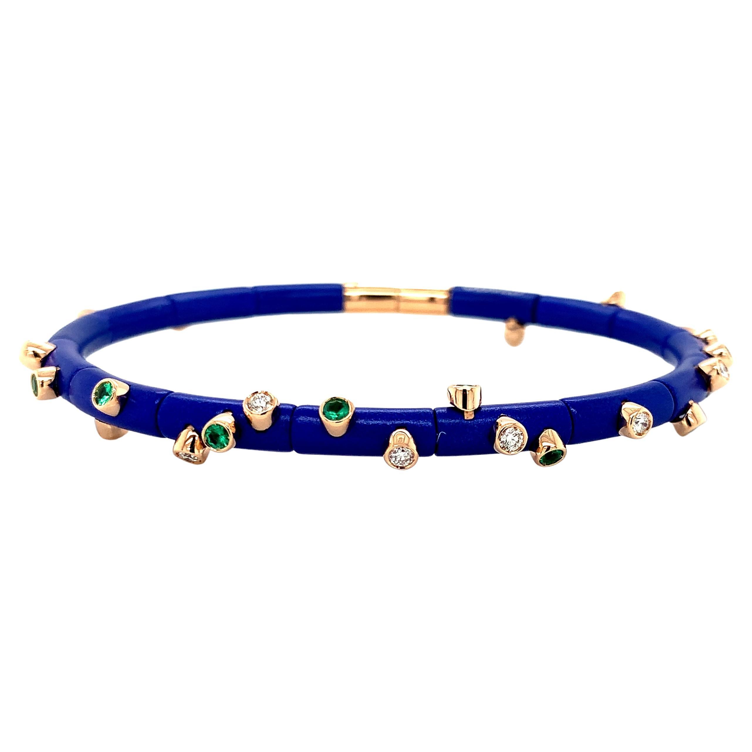18 Karat Rose Gold Diamonds and Emeralds Blue Aluminium Bracelet
