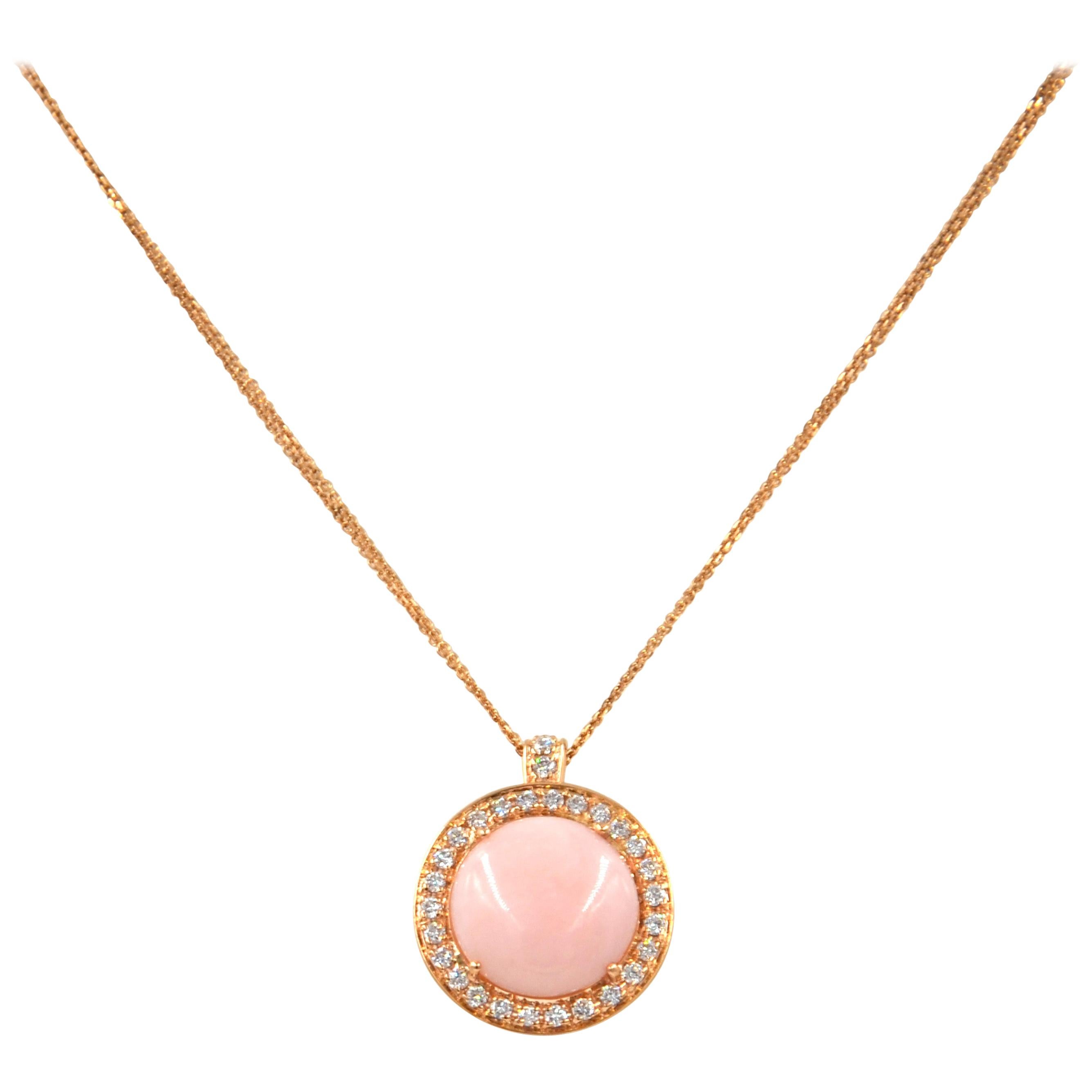 18 Karat Rose Gold Diamonds and Pink Opal Garavelli Round Pendant with Chain