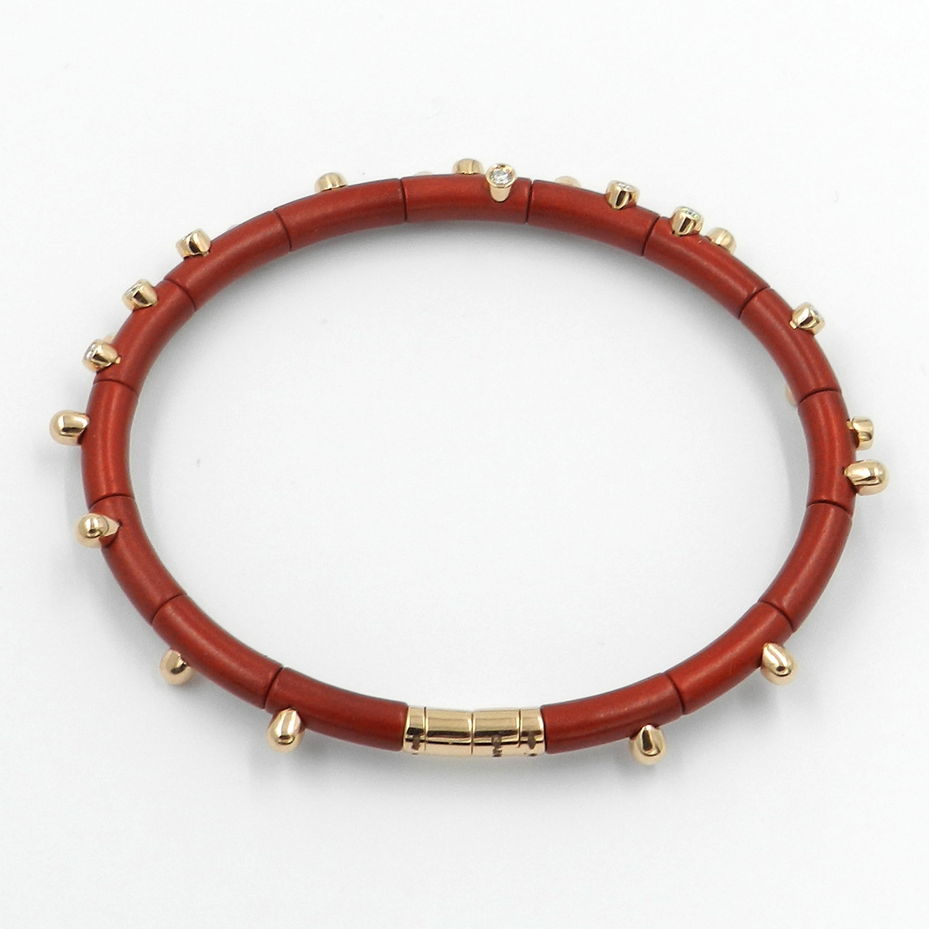 Contemporary 18 Karat Rose Gold Diamonds and Red Aluminium Bracelet For Sale
