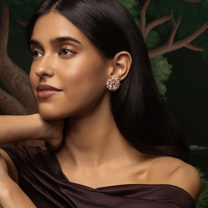 Contemporary 18 Karat Rose Gold, Diamonds, Emeralds and Multicolour Sapphires Mini Earrings For Sale