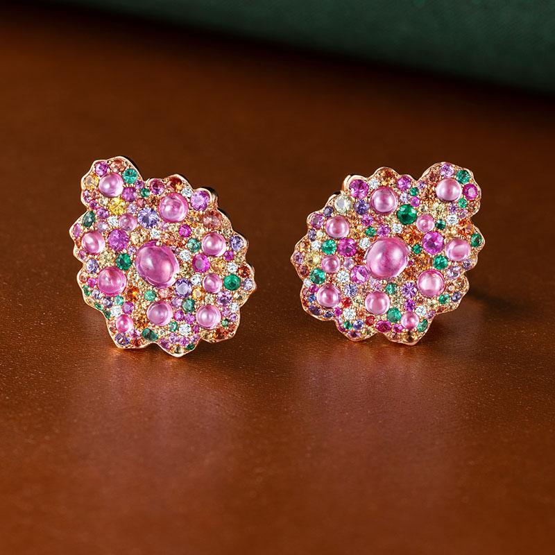 Round Cut 18 Karat Rose Gold, Diamonds, Emeralds and Multicolour Sapphires Mini Earrings For Sale
