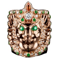 18 Karat Rose Gold Diamonds Emeralds Tsavorites Sapphires Cocktail Ring Lioness