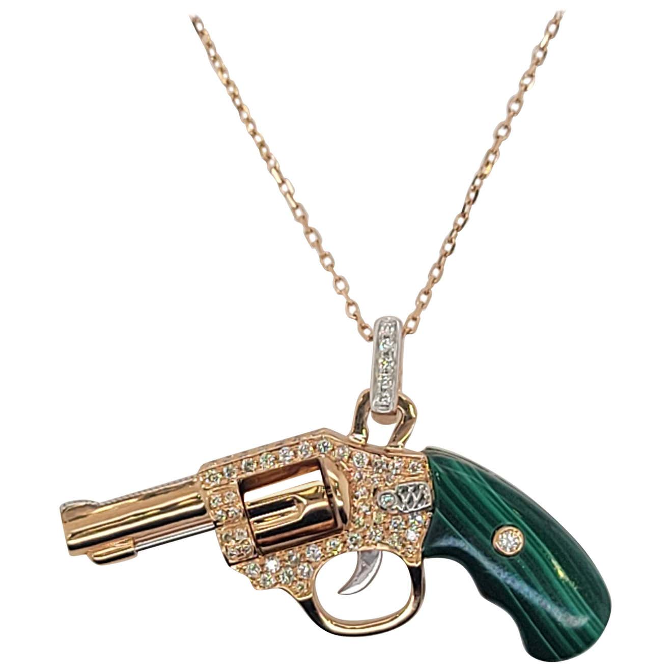 Diamond Chain Gun 18 Karat Rose Gold Diamonds Malachite Gun Pendant For Sale at 1stDibs