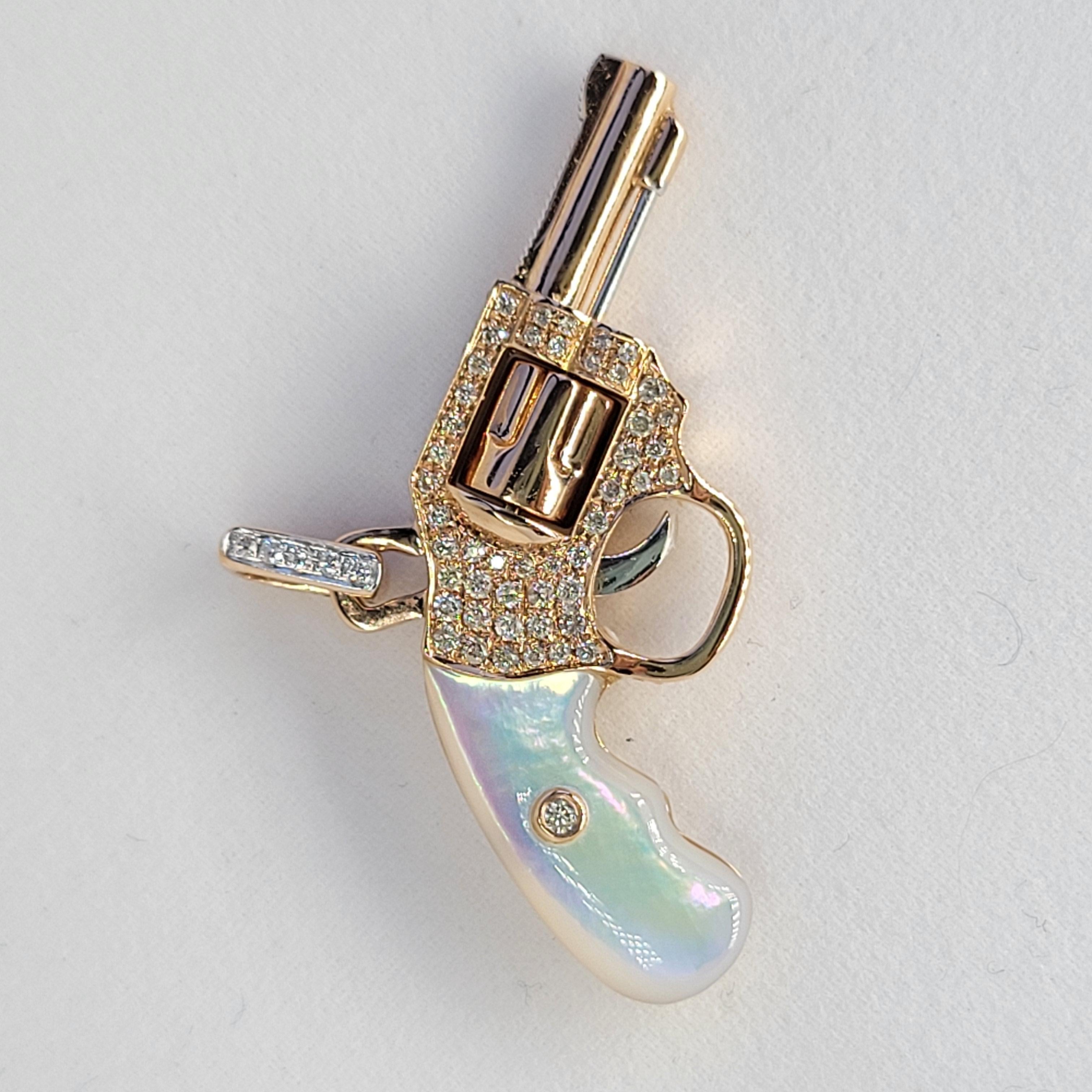 Round Cut 18 Karat Rose Gold Diamonds Mother of Pearl Gun Pendant For Sale