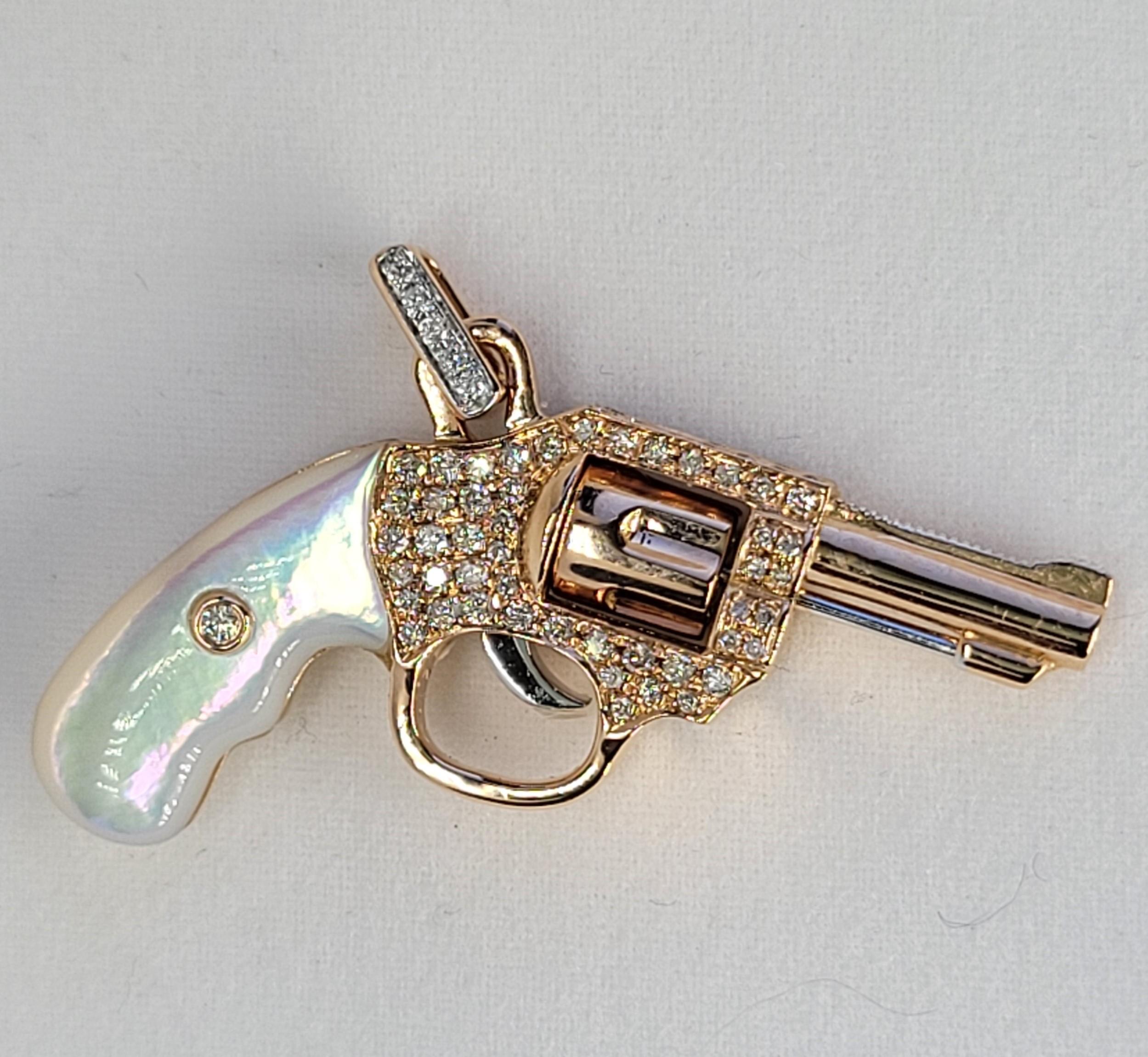 Women's or Men's 18 Karat Rose Gold Diamonds Mother of Pearl Gun Pendant For Sale