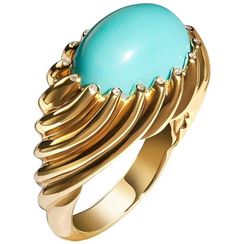 18 Karat Rose Gold Dome Cocktail Ring Set with Turquoise Cabochon and Diamonds