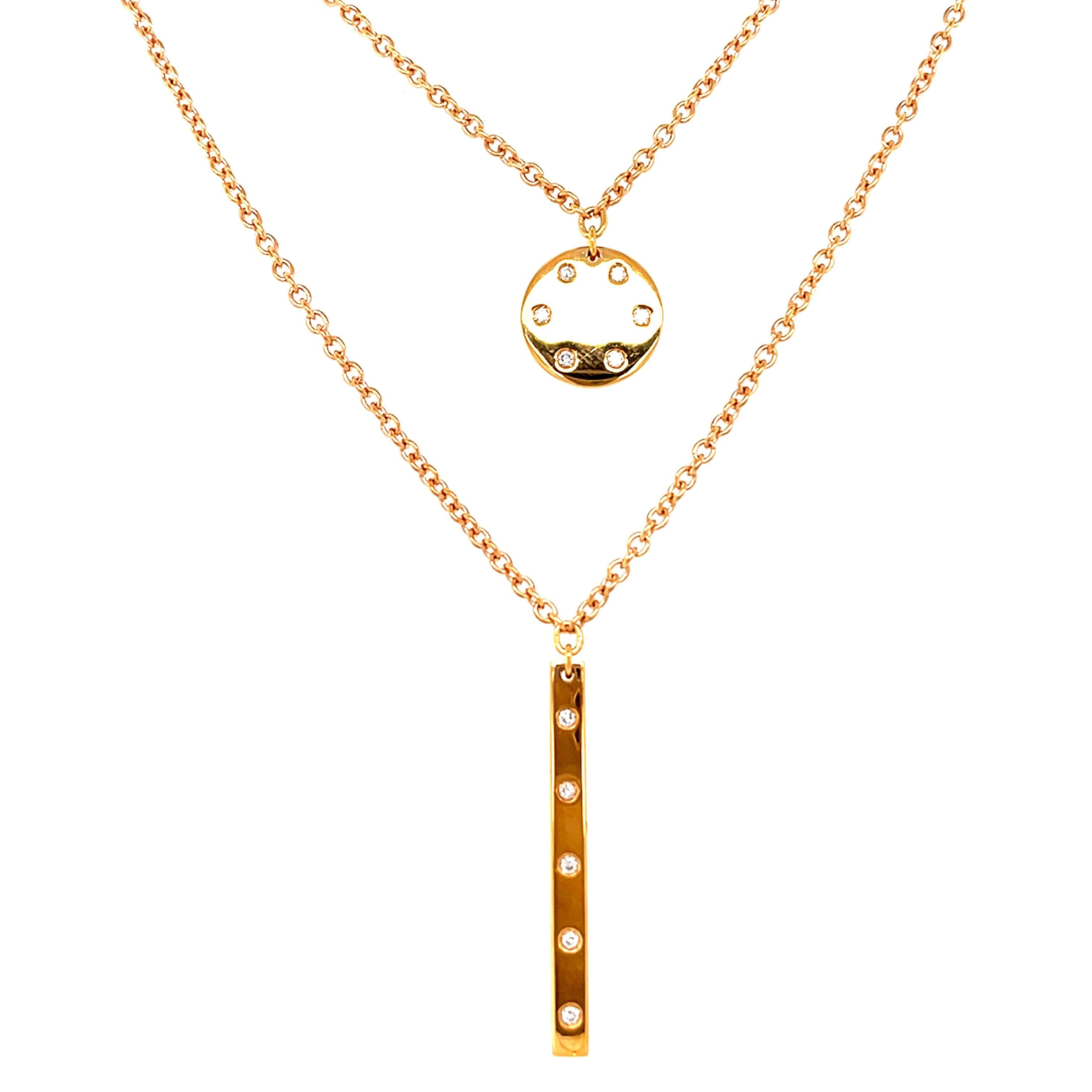 Round Cut 18 Karat Rose Gold Double Chain Diamond Drop Necklace For Sale