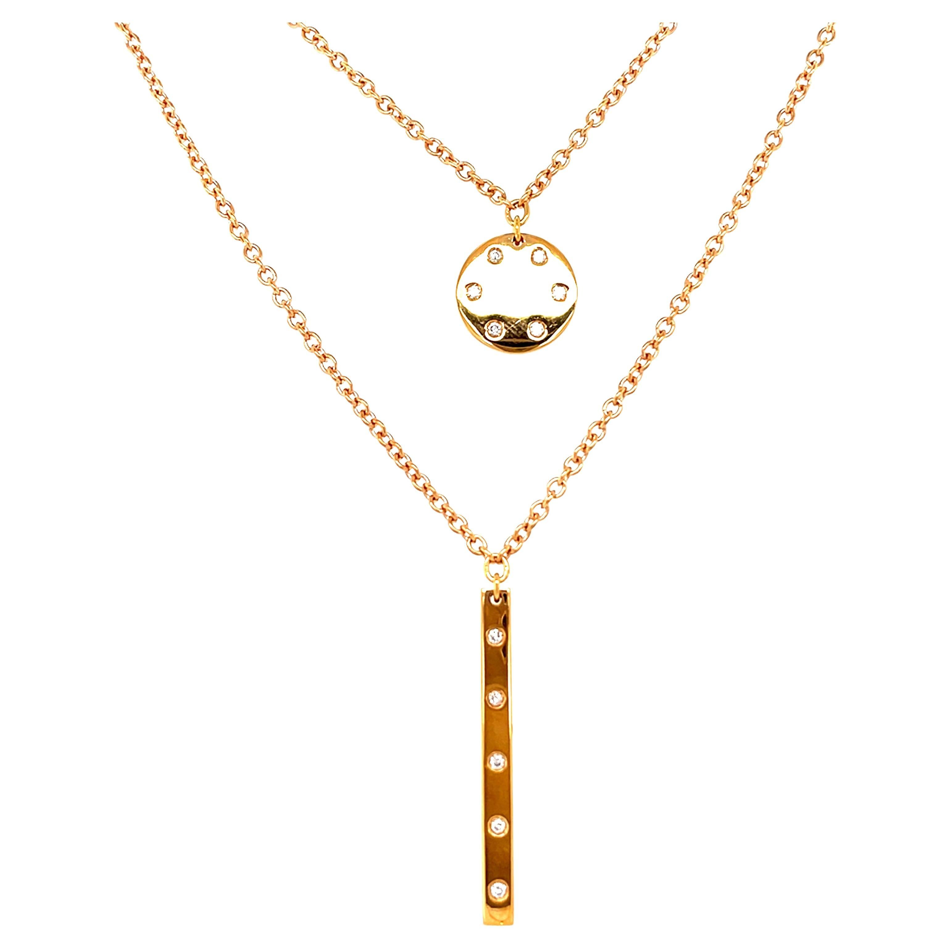 18 Karat Rose Gold Double Chain Diamond Drop Necklace For Sale