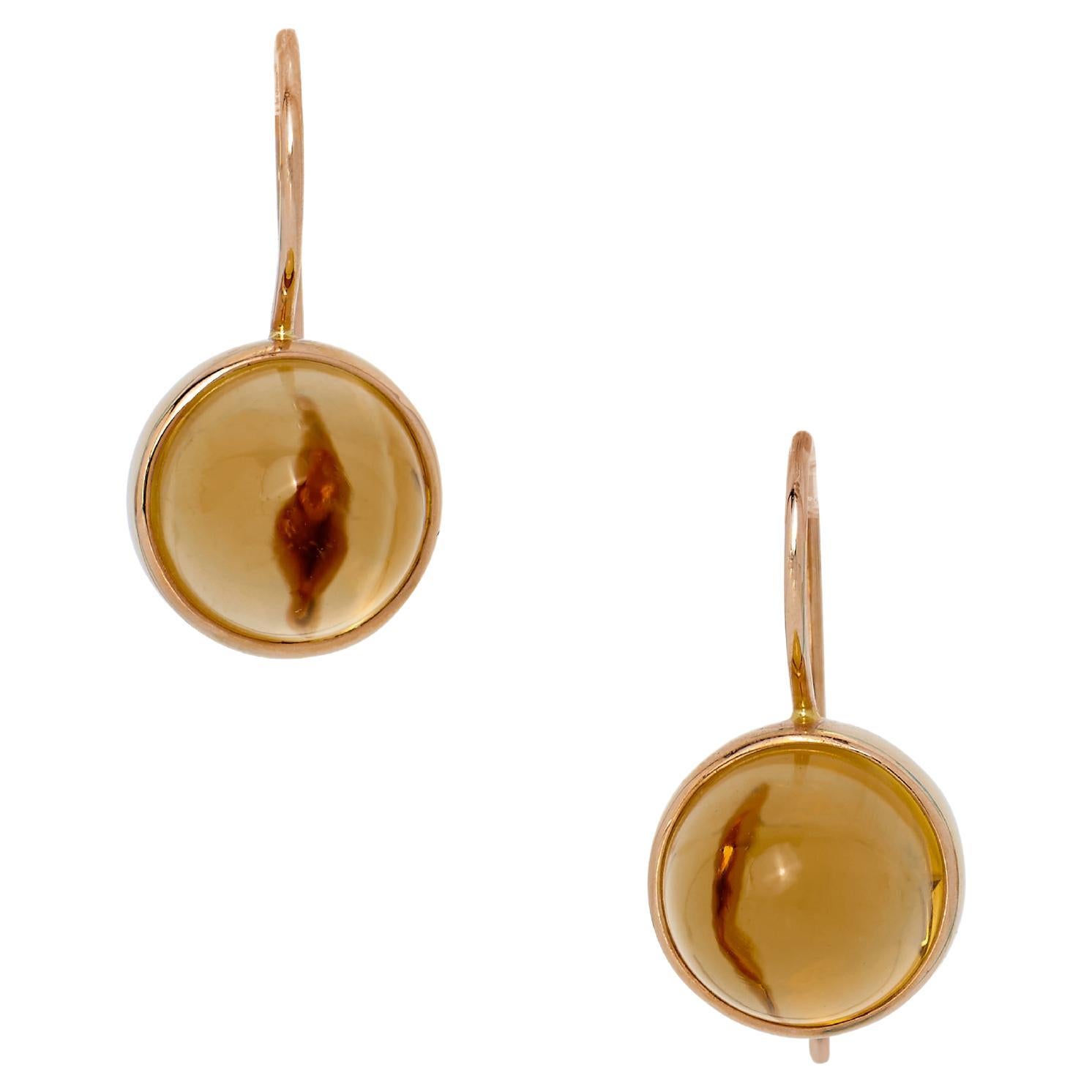 18 Karat Rose Gold Drop Dangle Earrings with 11.80 Carat Cabochon Cut Citrines For Sale