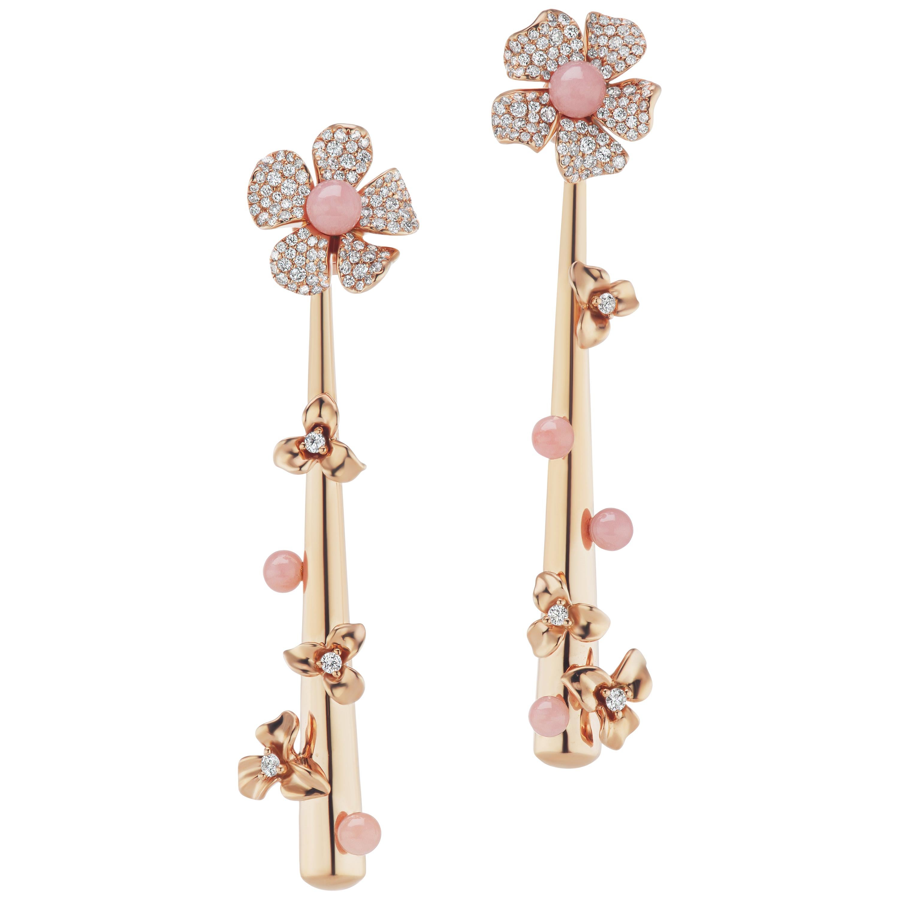 18 Karat Rose Gold Drop Earrings with Diamond and Pink Opal Accents For Sale