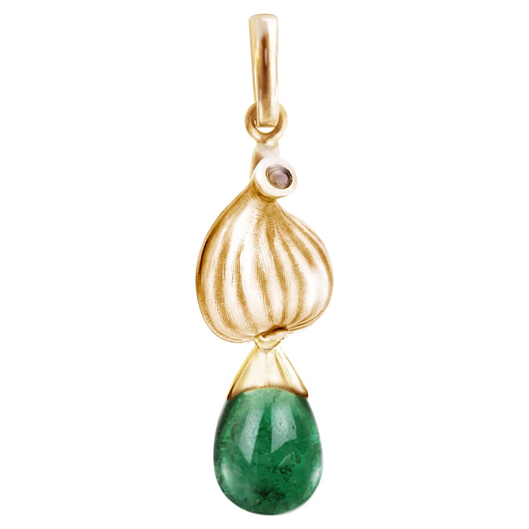 Rose Gold Drop Fig Garden Pendant Necklace with Emerald and Diamond