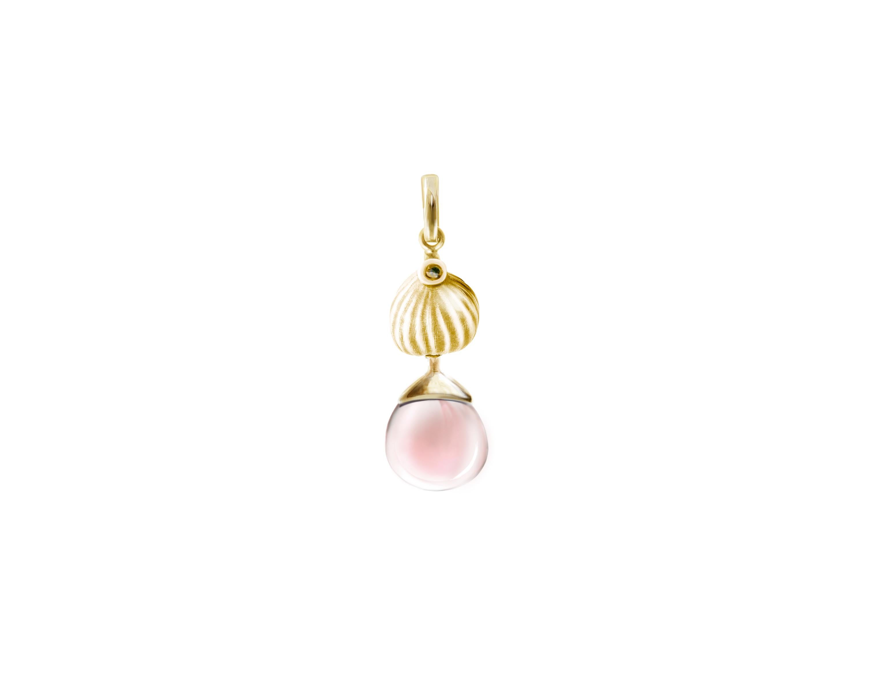 Cabochon Eighteen Karat Rose Gold Fig Garden Drop Pendant Necklace with Pink Quartz  For Sale