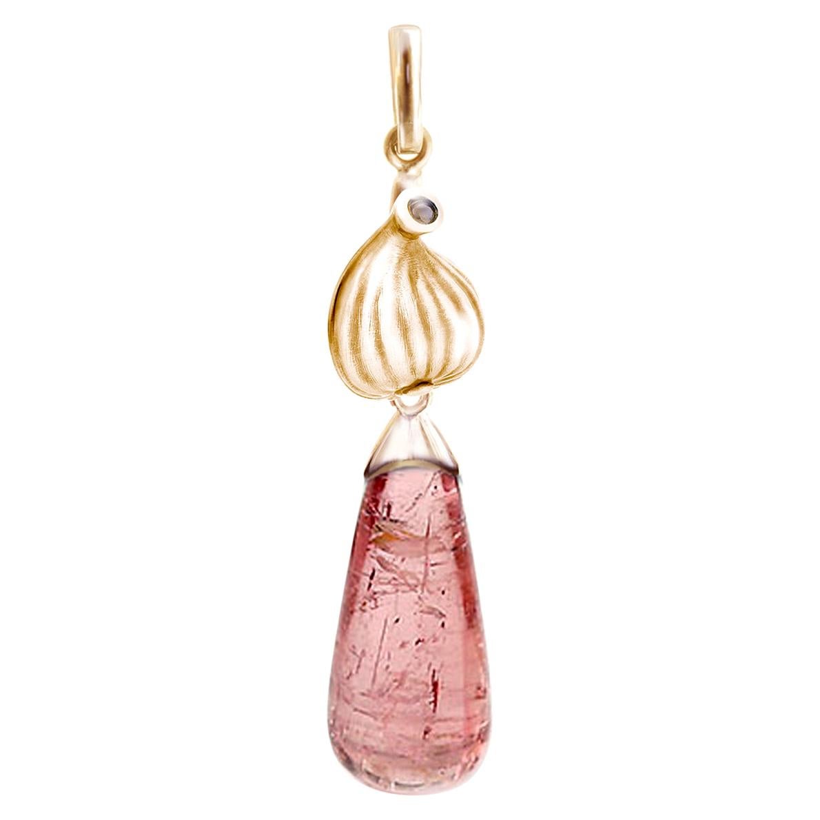 This contemporary drop Pendant Necklace by the artist is made of 18 karat rose gold with a 20x8 mm (8.23 carats) natural pink tourmaline and round diamonds. The Fig collection was featured in a review by Vogue UA and was designed by the artist and