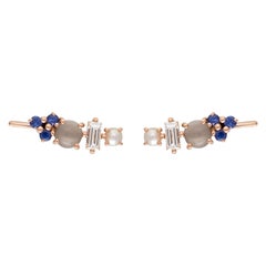 18 Karat Rose Gold Ear Climbers with Diamonds, Sapphires, Moonstones and Pearls