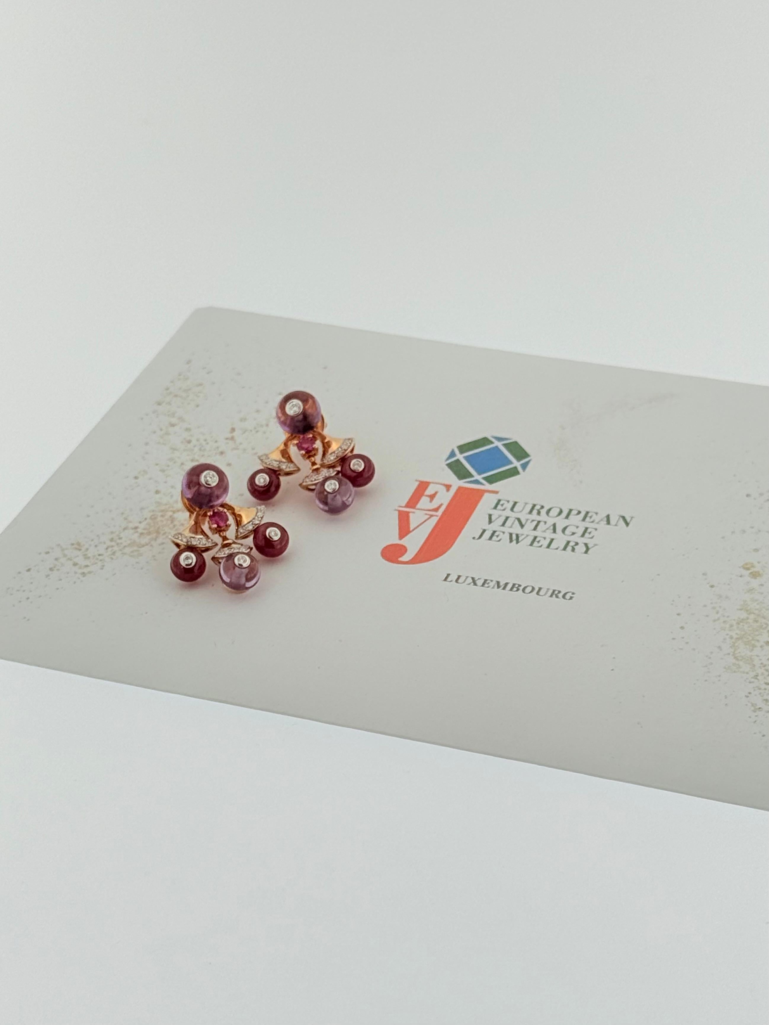 Taglio misto Orecchini in oro rosa 18 karati con diamanti, rubini e ametista in vendita
