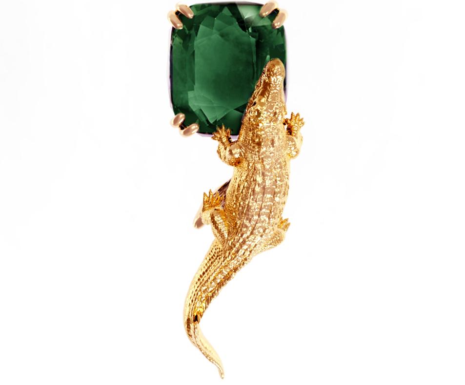 Women's or Men's Rose Gold Egyptian Revival Brooch with Seven Carats Green Tourmaline For Sale