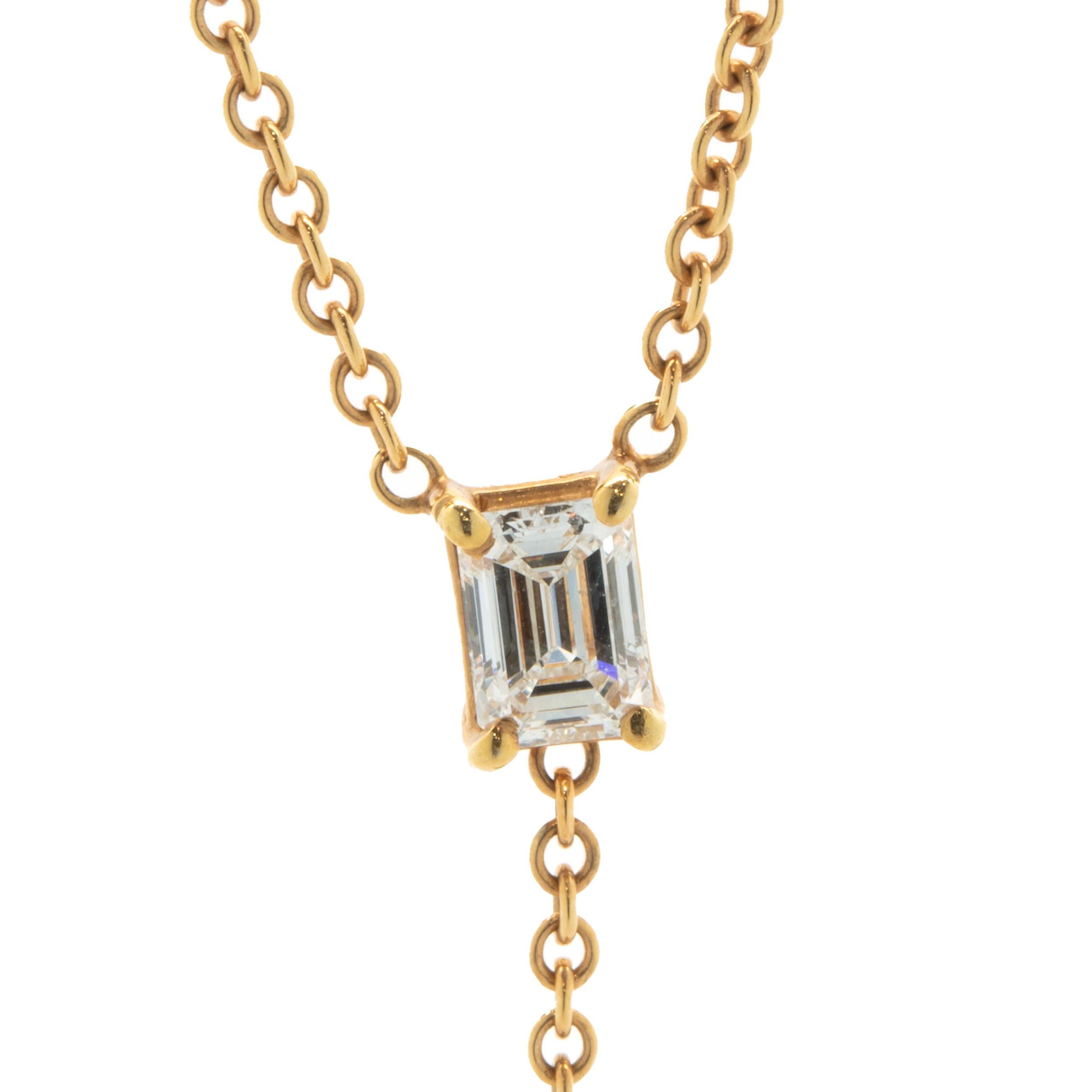 Designer: custom design
Material: 18K rose gold
Diamond: 1 emerald cut = 0.41ct
Color: G
Clarity: SI1
Diamond: 1 marquise cut = 0.42cttw
Color: H
Clarity: SI1
Dimensions: necklace measures 18-inches in length 
Weight: 4.34 grams
