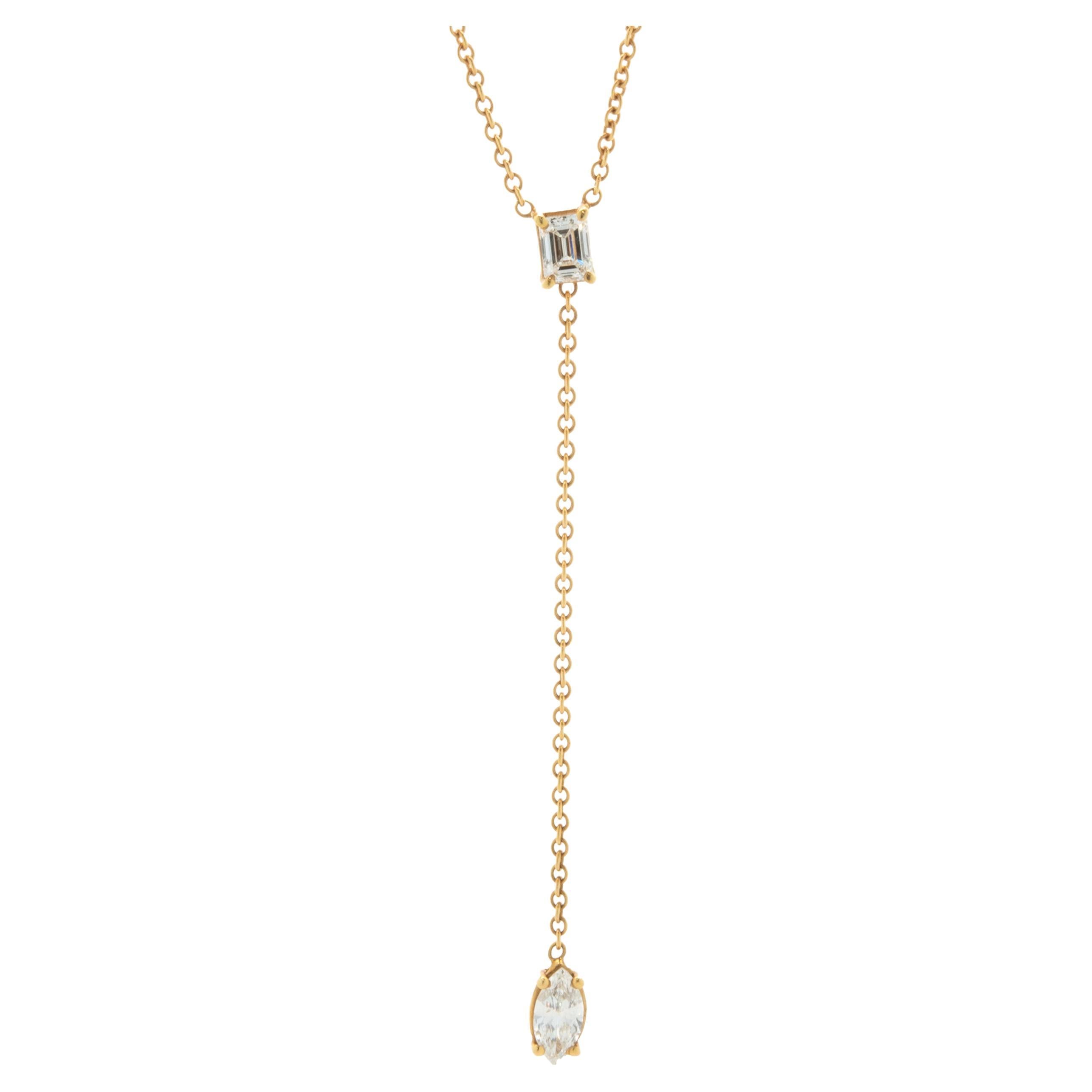 18 Karat Rose Gold Emerald and Marquise Cut Diamond Lariat Necklace