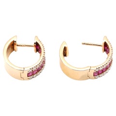 18 Karat Rose Gold Emerald-Cut Ruby and Diamond Huggies Mini-Hoop Earrings