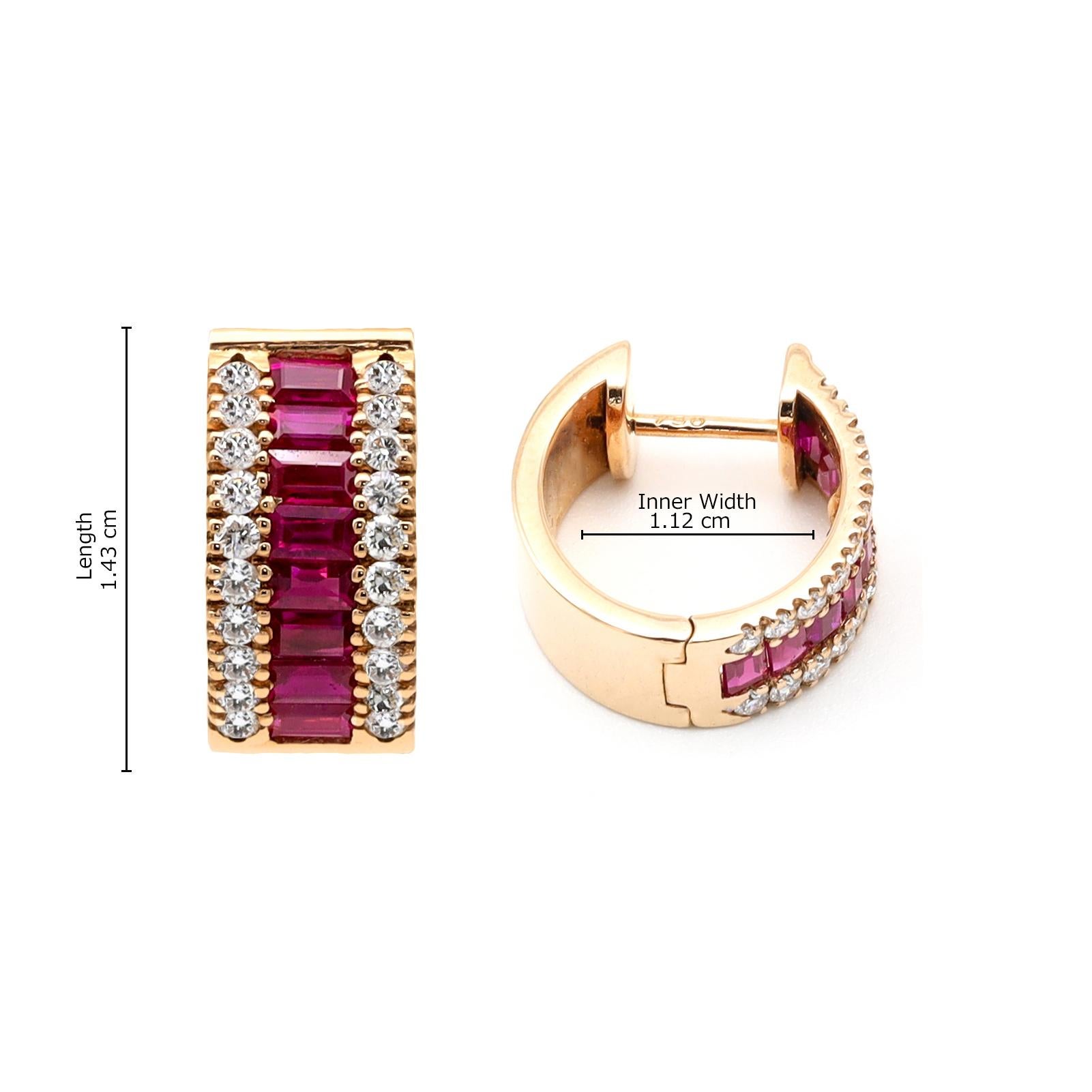 Contemporary 18 Karat Rose Gold Emerald-Cut Ruby and Diamond Huggies Mini-Hoop Earrings For Sale