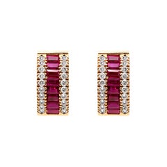 18 Karat Rose Gold Emerald-Cut Ruby and Diamond Huggies Mini-Hoop Earrings