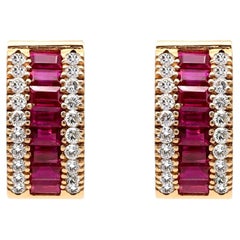 18 Karat Rose Gold Emerald-Cut Ruby and Diamond Huggies Mini-Hoop Earrings