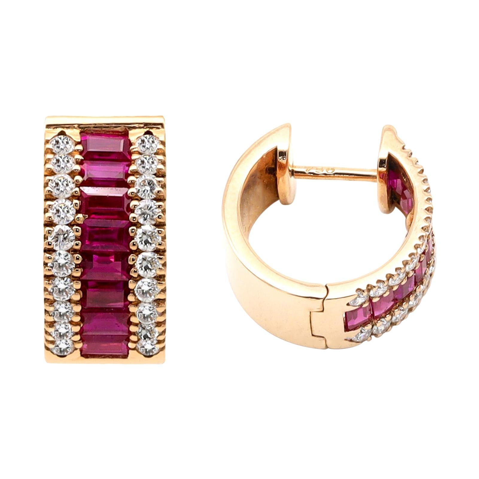 18 Karat Rose Gold Emerald-Cut Ruby and Diamond Huggies Mini-Hoop Earrings